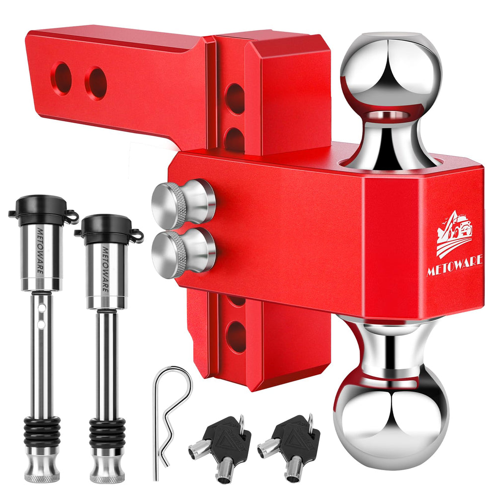 METOWARE front view of adjustable hitch showing receiver fit and quick installation benefits
