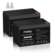 Miady front view of two-pack packaging showing compact sealed lead acid batteries and included adapters for easy replacement