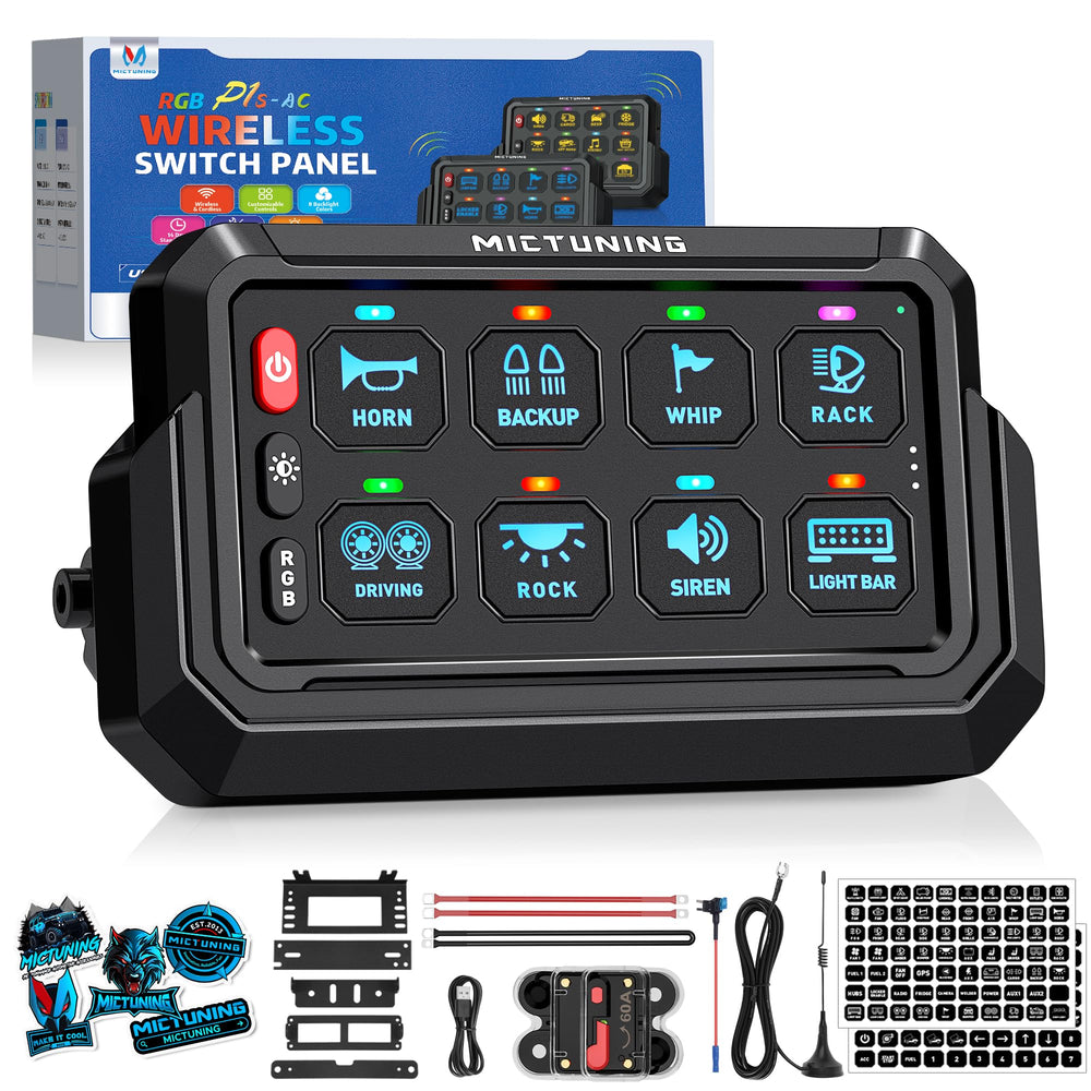 MICTUNING front panel showing RGB backlight and clear labeling, improves night control
