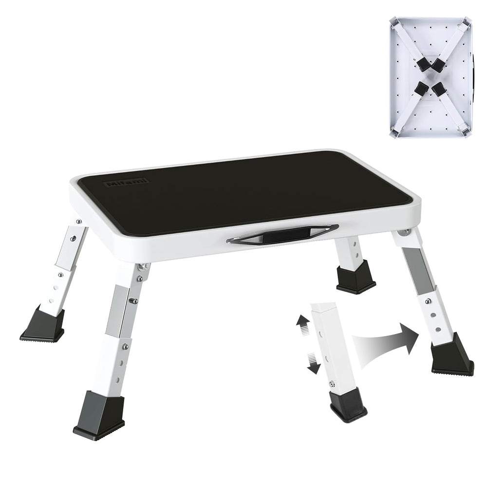 Mifami front view folded stool showing compact storage and travel convenience