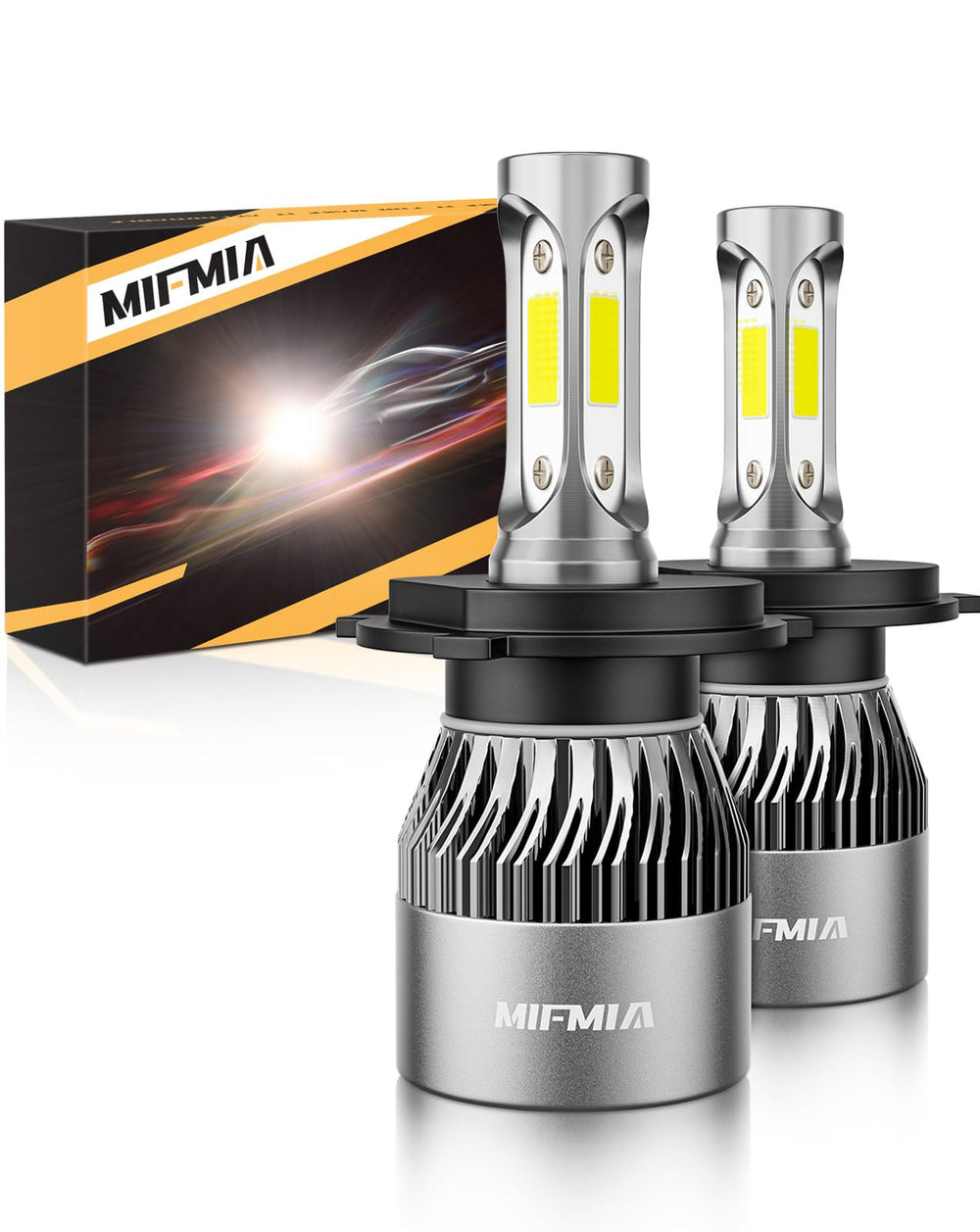 MIFMIA front view of two H4/9003 bulbs showing compact design and bright output benefit