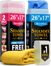 Mighty Cleaner front packaging showing three chamois towels, convenient kit benefit