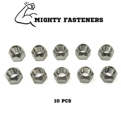 Mighty Fasteners nut threaded onto wheel stud demonstrating quick mounting
