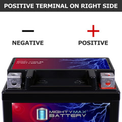 Mighty Max Battery terminal close-up displaying left negative right positive for correct hookup