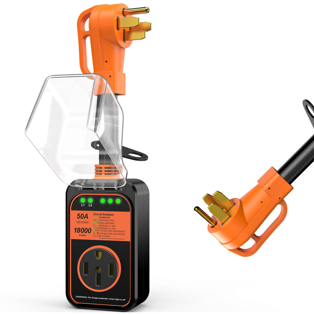 MILLIONHOME front view showing unit and plug, protecting RV power