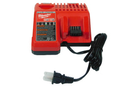 Milwaukee charger front view showing dual bays and LEDs for quick status