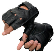 Milwaukee Leather front view of gloves showing black cowhide and fingerless design for comfortable control