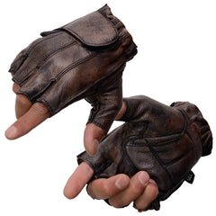 Milwaukee Leather front view of distressed brown fingerless glove showing full panel coverage and rugged style