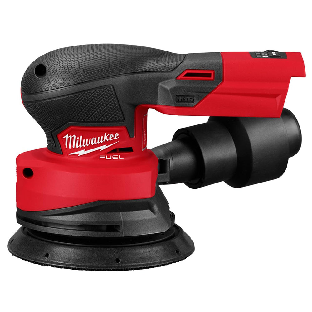 Milwaukee M18 FUEL sander front view showing compact design and tool balance