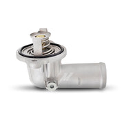 Mishimoto front view thermostat housing showing durable aluminum construction and improved cooling benefit