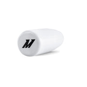 Mishimoto white weighted shift knob front view showing polished finish and logo benefit clarity