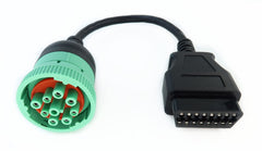 MITOB front view of green J1939 to OBD2 adapter showing secure fit and visibility