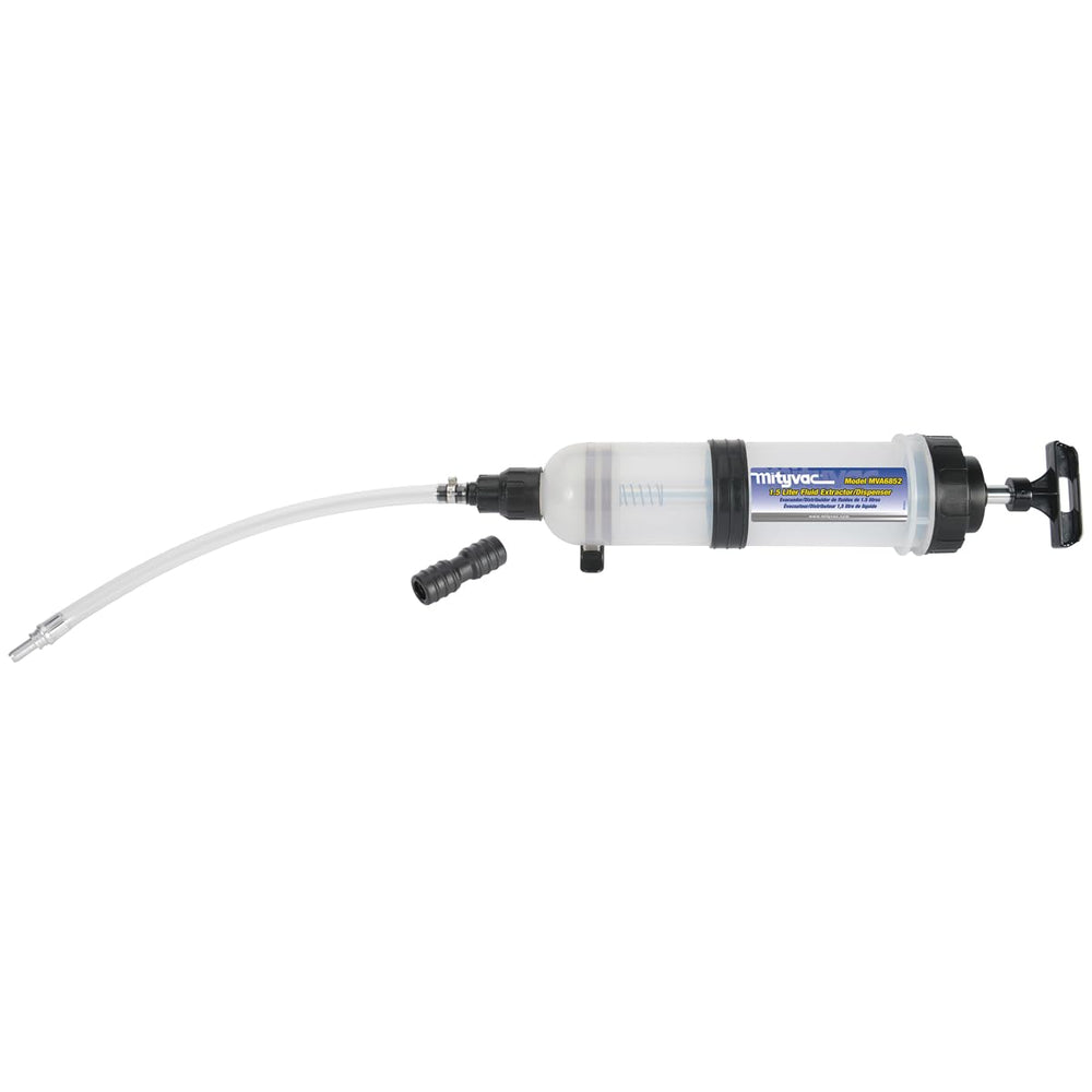 Mityvac front view of 1.5L evacuator showing overall design and benefit of capacity