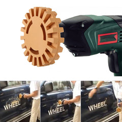 MIVIDE wheel attached to drill removing sticker, shows fast decal removal benefit