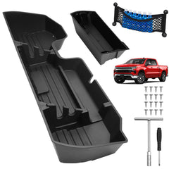 Mixsuper Liner front view installed under Silverado seat showing organized storage benefit