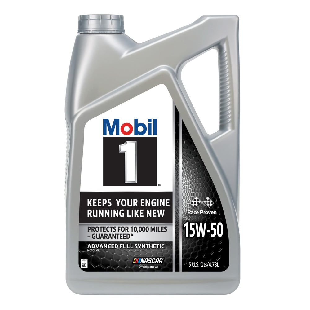 Mobil 1 front label showing 15W-50 benefits and product identity