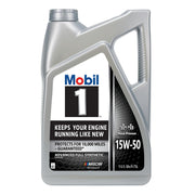 Mobil 1 front label showing 15W-50 benefits and product identity