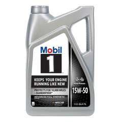 Mobil 1 front label showing 15W-50 benefits and product identity