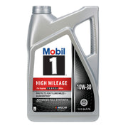 Mobil 1 bottle front view showing 5 quart size and high mileage protection