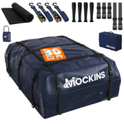 Mockins front view of navy rooftop bag showing large weatherproof storage benefit