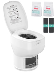 modiwell front profile view showing compact white dry-flush toilet and sealed design benefits