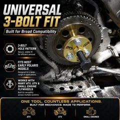 Moker puller mounted on a Polaris flywheel showing secure 3-bolt alignment for damage-free removal