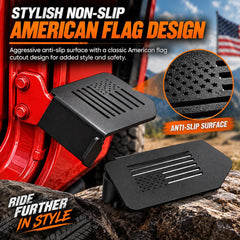 Moker foot peg installed on Jeep hinge, illustrating easy bolt-on convenience