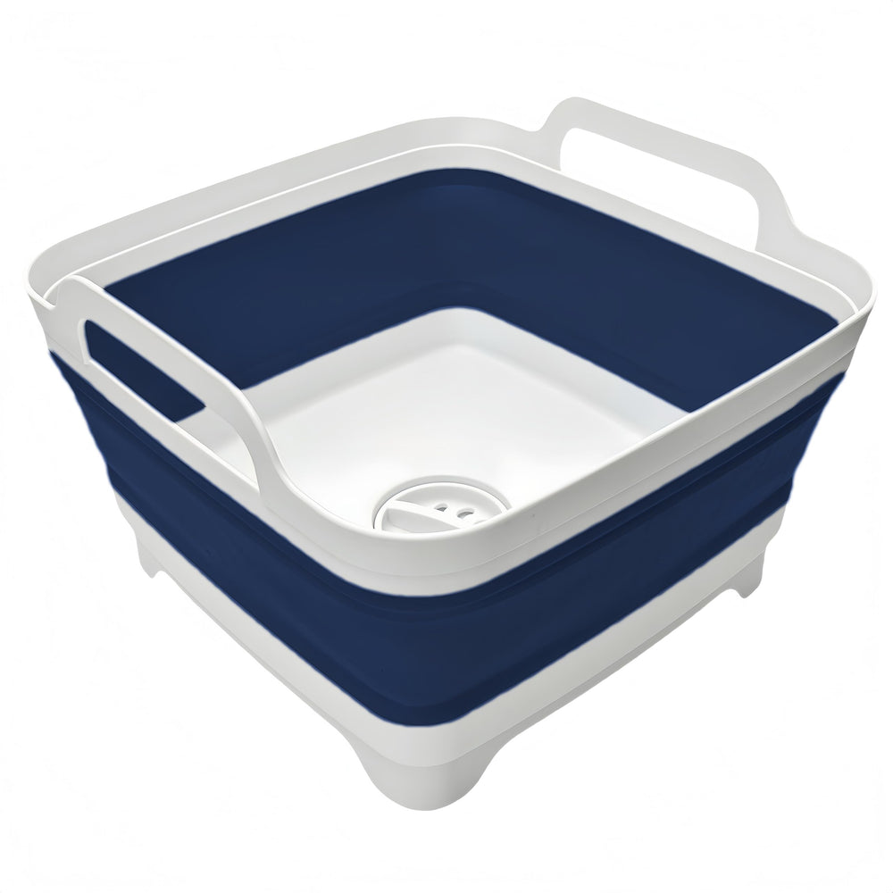MontNorth front view of navy collapsible wash basin showing compact utility