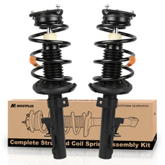 MOSTPLUS front strut pair front view showing ready-to-install units and fast fit benefits