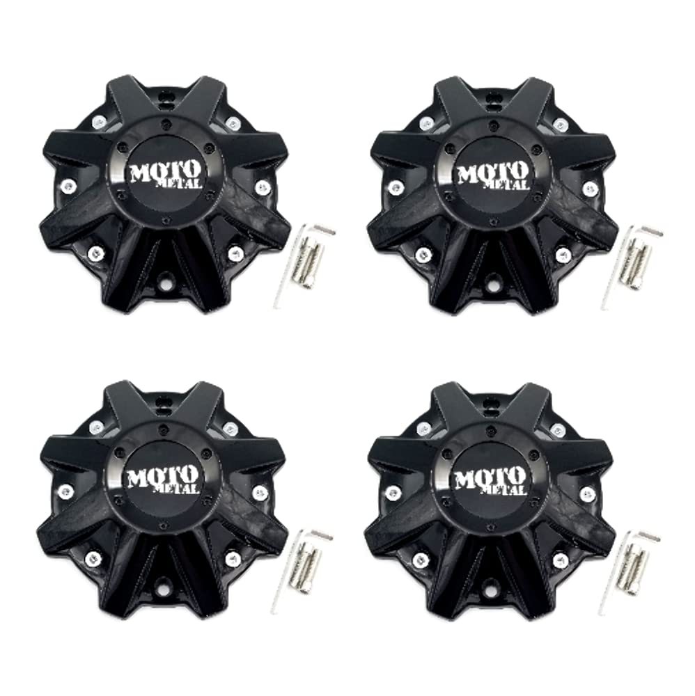 Moto Metal gloss black center cap front view shows sleek finish and refined wheel look