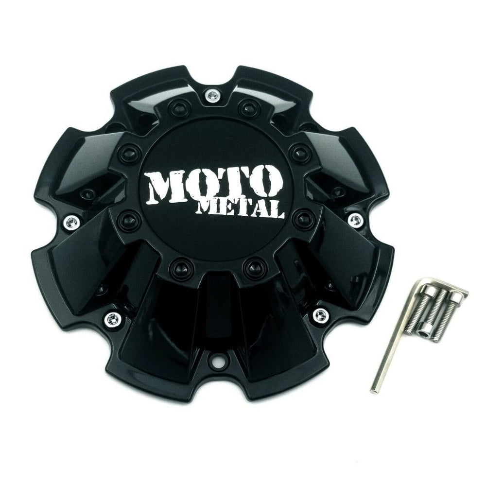 Moto Metal M793BK01 front cap view showing gloss black finish and branded face, improves wheel look