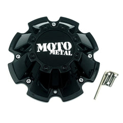 Moto Metal M793BK01 front cap view showing gloss black finish and branded face, improves wheel look