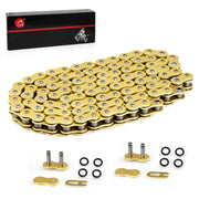 MOTO1988 gold drive chain front packaging showing model and link count, durable replacement
