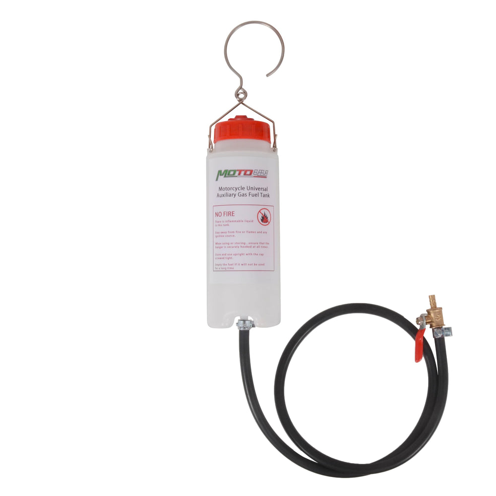 MOTO4U front view of 500ml auxiliary fuel tank showing compact shape and label benefits