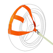 MOTO4U front view of orange rear wheel tie down strap shows secure hold