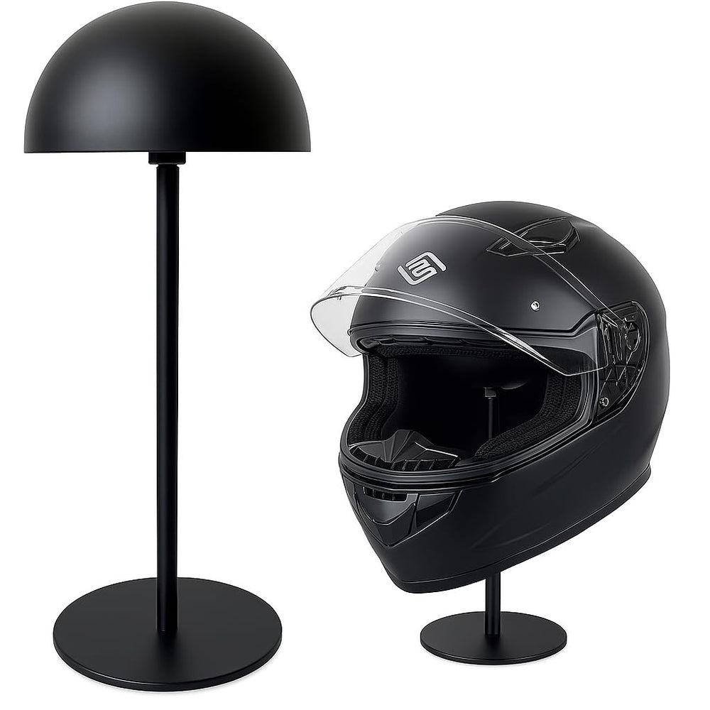motofans metal helmet stand front view showing stable display and protective design