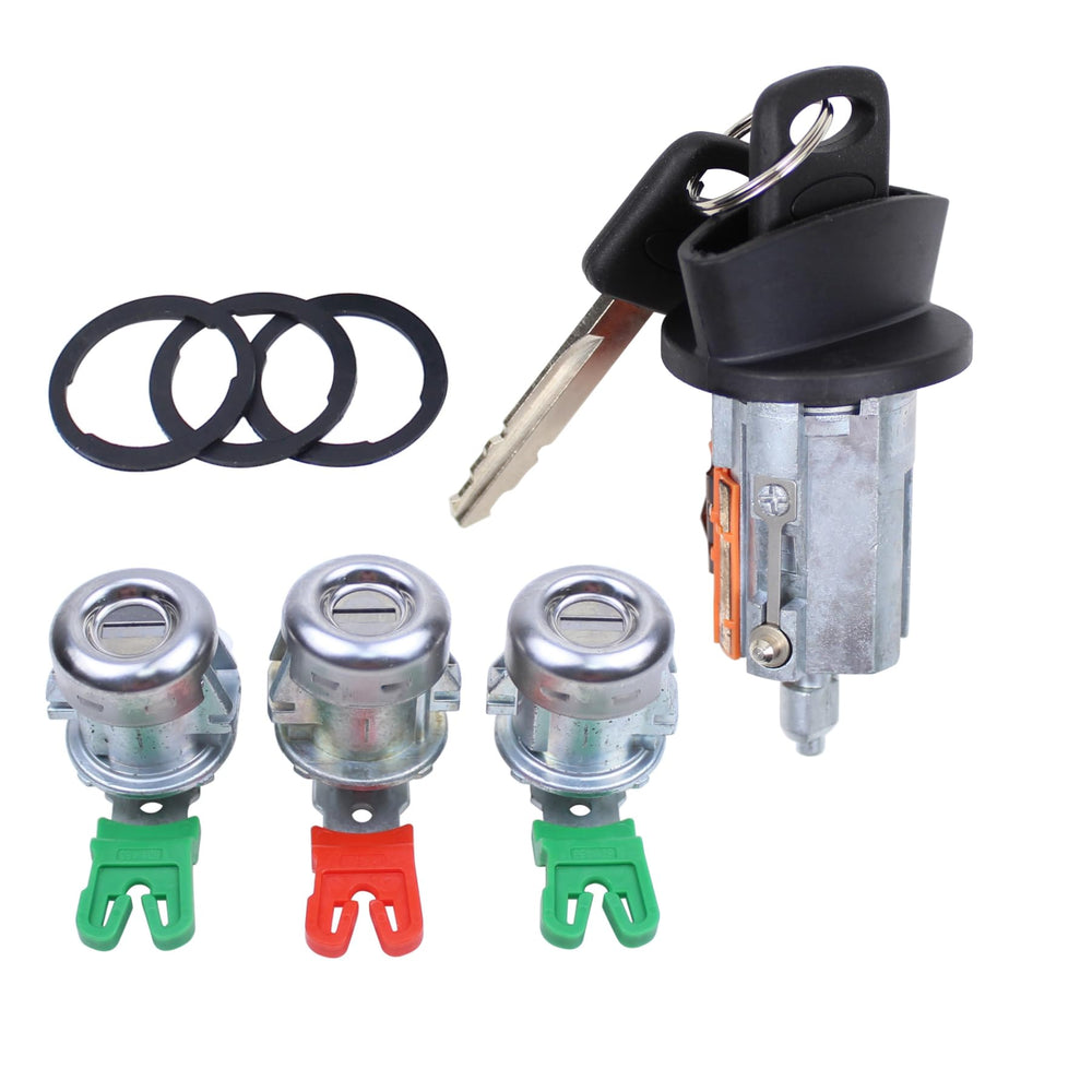 MOTOKU kit front-assembly view showing all included cylinders and two keys for straightforward replacement