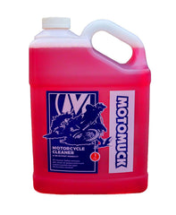 Motomuck 1-gallon bottle front label showing product and refill details, easy storage benefit