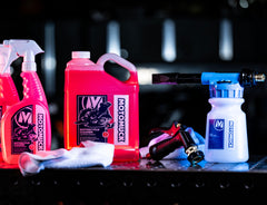Motomuck being sprayed on motorcycle showing effective cleaning and time savings