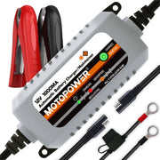MOTOPOWER MP00205B front view showing compact grey charger and benefits of portability