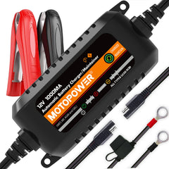 MOTOPOWER MP00205B front view showing compact charger and model label for easy storage