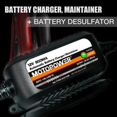 MOTOPOWER charger with insulated connection clips attached demonstrating safe hookup