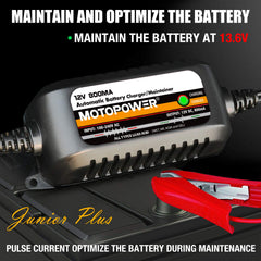 MOTOPOWER charger with ring terminals connected to battery studs for secure attachment