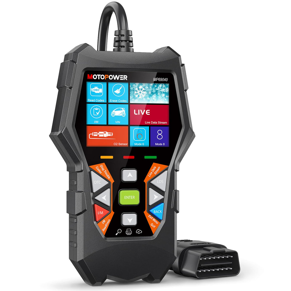 MOTOPOWER MP69040 front view showing compact scanner and screen for quick diagnosis