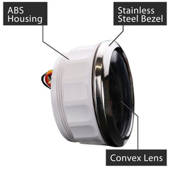 MOTOR METER RACING close-up of 316 stainless bezel and convex lens for corrosion resistance