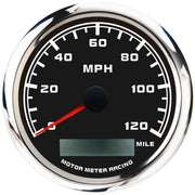 MOTOR METER RACING front view of speedometer showing clear face and red needle for quick reading