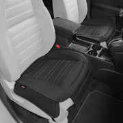 Motor Trend front view of two black seat covers showing the sleek finish and storage benefit