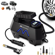 Motorenbau front packaging showing compact inflator and benefits for quick roadside inflation