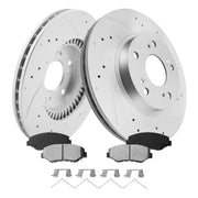 Motorevo front brake kit packaging showing included rotors pads and hardware benefits easy installation