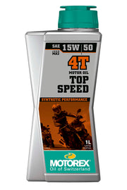 Motorex Top Speed 4T 1L bottle front view showing pack and volume, clear identification and convenience